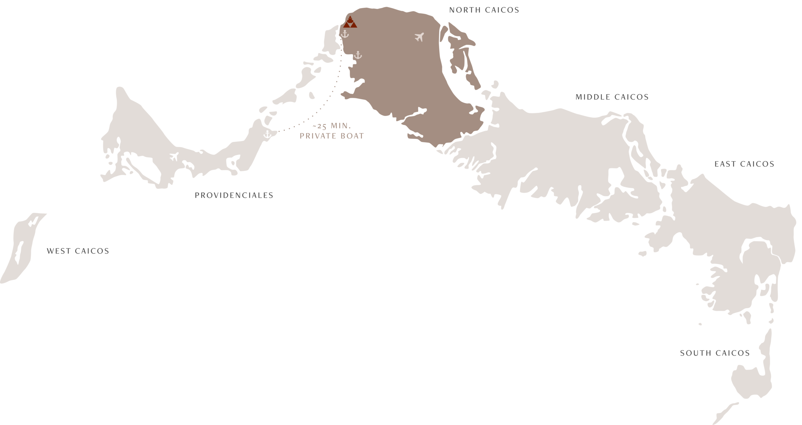 Map of North Caicos proximity to Providenciales stating it is a 30 minute boat ride to arrive in North Caicos from Providenciales.