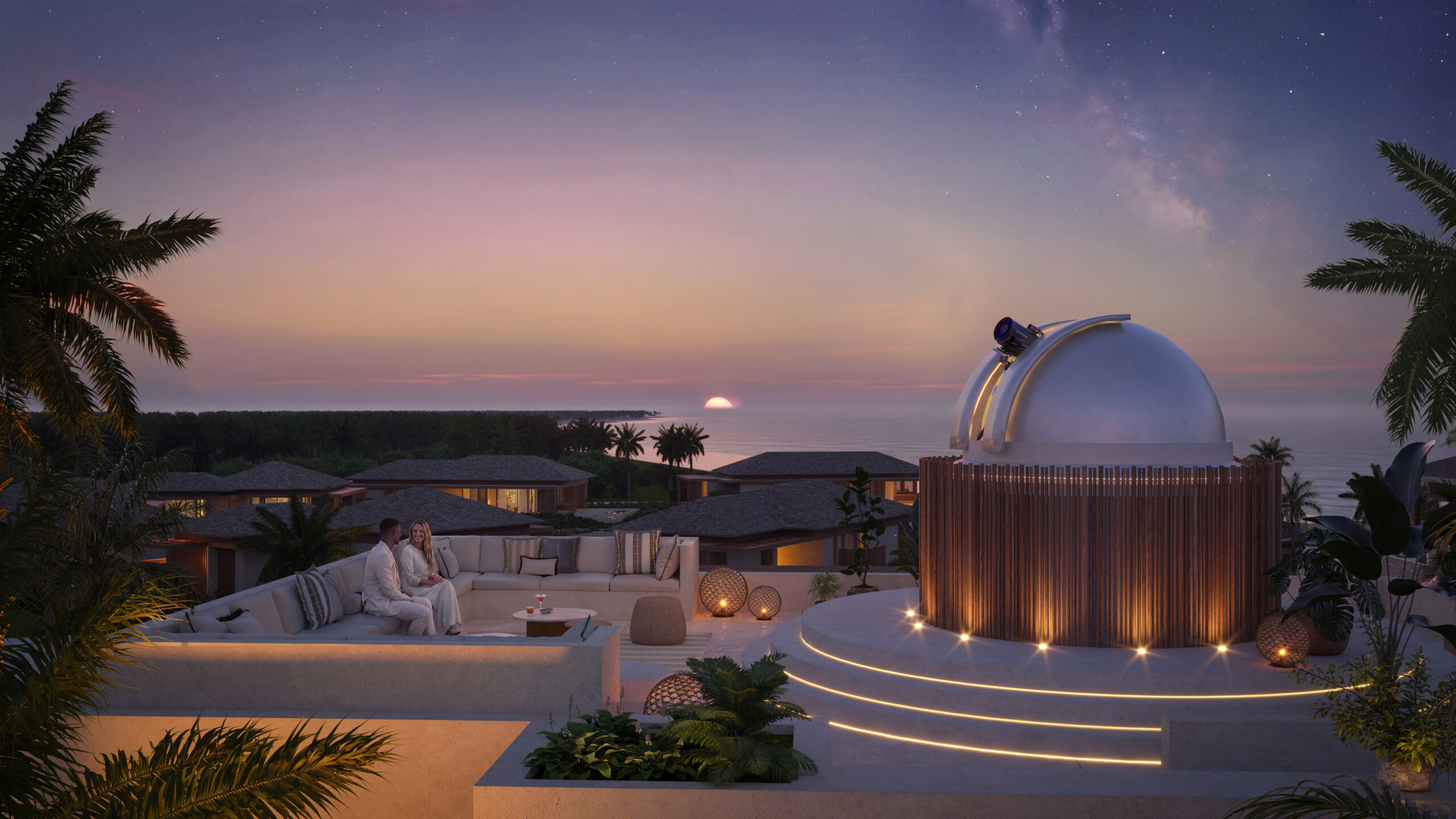 A luxury rooftop terrace at dusk featuring an outdoor lounge seating area and a private observatory dome with a telescope, overlooking a tropical resort and ocean sunset.