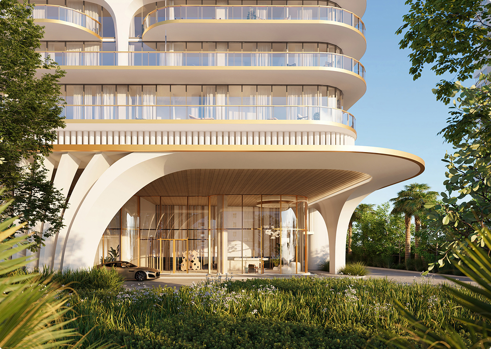 A architectural rendering of the valet entry to the waldorf astoria in pompano beach. It's a white and gold building with lush green landscaping.